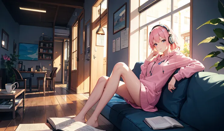 ((Highest quality)), ((masterpiece)), (detailed), 1人のgirl, Super high quality by the god of art, High resolution, Pink Hair, alone, girl, , Wear headphones, Rain outside the window, Sitting on the couch, I read a book,Angle from the front