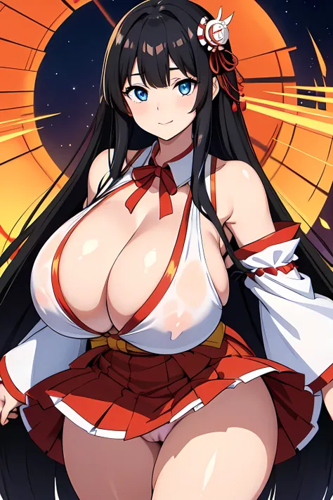 good quality, best quality, highres, absurdres, 8k, 4K, masterpiece, Girl in Japanese shrine maiden outfit, ((Hime cut with long black hair, Has straight bangs and blue eyes)), super long black hair, hair ornament, ribbon, smile, Showing her breasts, (Huge...