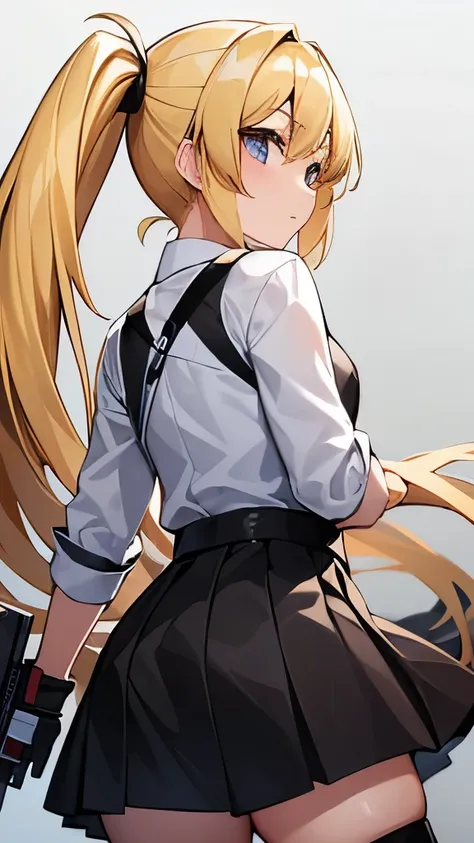 1girl, blonde two long ponytails, skirt, plasma gun