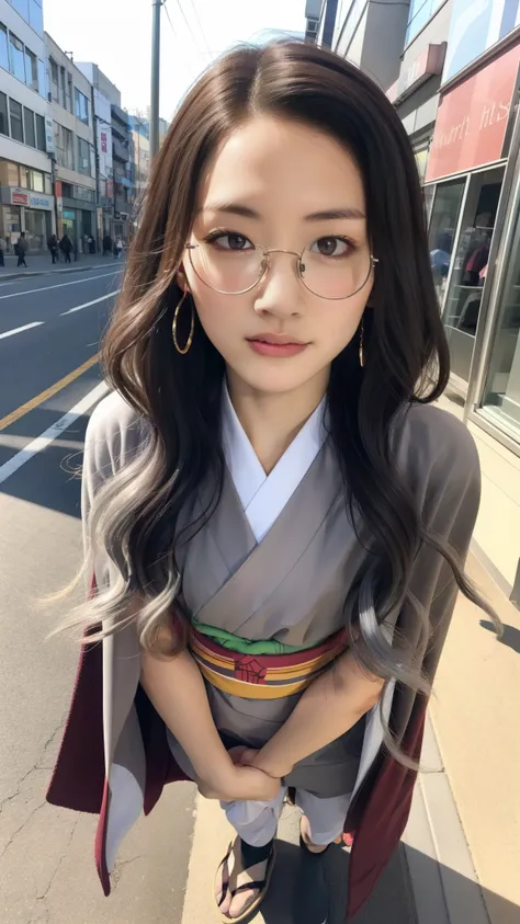 Cute Japanese woman, (16 years old), (very cute face), white moisturized skin, looking at the camera, melancholy expression, (glasses: 1.3),
BREAK,
Idol,
BREAK,
(wearing cute kimono: 1.3), (kimono with high exposure), very large earrings, short length,
BRE...