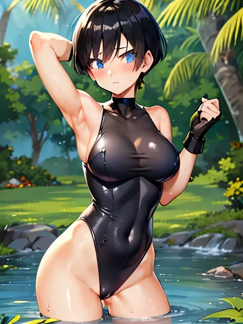 masterpiece, Highest quality, High resolution, girl, blue eyes, Black Hair,short hair,Large Breasts,Serious face,blush, Sweat,girl1名,Black leotard,Super High Leg Cut,Streak,Raise your arms high,Looking at the audience,forest,Bottomless swamp,The water surf...