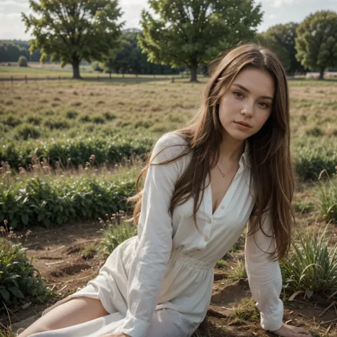 ((best quality)), ((masterpiece)), (detailed), 1 girl with long blond hair, model pose in european style field, green field, 