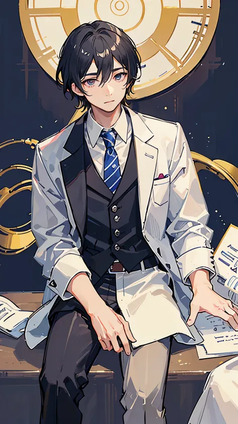 (Highest quality)), ((masterpiece)), (detailed),The background is the bedroom、Doctor in the examination room、Cardiac surgeon、A man around 35 years old、A man with waist-length black hair tied back、Wearing a white lab coat,Eye color is a calm blue、Location: ...