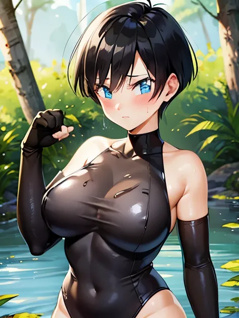 masterpiece, Highest quality, High resolution, girl, blue eyes, Black Hair,short hair,Large Breasts,Serious face,blush, Sweat,girl1名,Black leotard,Super High Leg Cut,Streak,PAW Pose,Looking at the audience,forest,Bottomless swamp,The water surface is black...