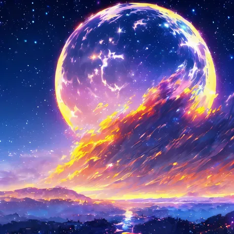 ((The pale yellow moon of a supergiant star))((A girl who looks up at her profile and is subjectively depicted))、((Crying girl))、Profile Girls、On a multicolored background、Painting of a river with stars and moon in a rainbow sky、Shining skyscrapers、Shine o...