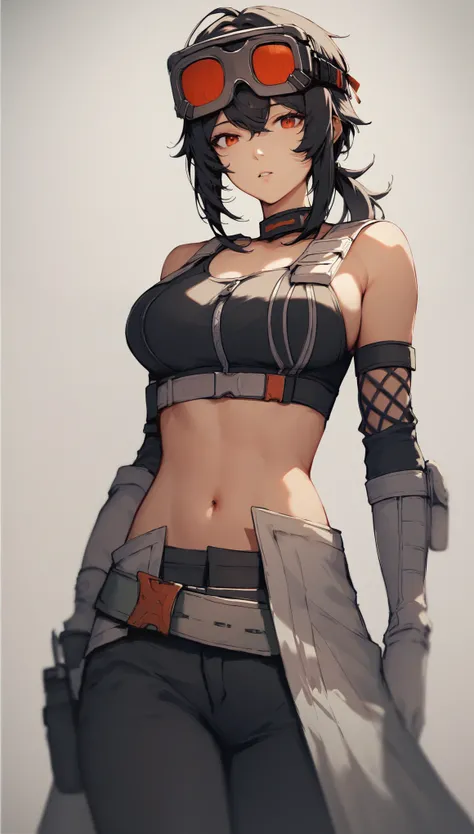 score_9, score_8, score_8_up, gracehd-ponyxl, 1girl, black choker, black gloves, white gloves, black pants, black sports bra, elbow gloves, goggles on head, looking at viewer, low ponytail, medium breasts, parted lips, white gloves, zipper, belt