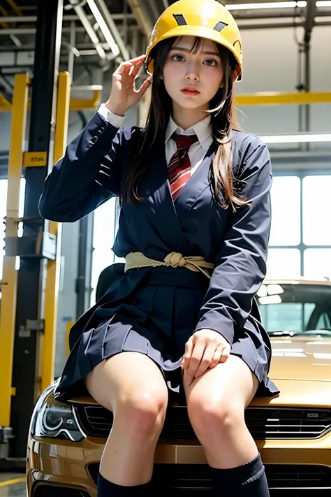 Masterpiece, bokeh, Beautiful face, (Japanese idle:1.6), (school uniform:1.3), (Working in Japanese car factory:1.5), (Yellow helmet:1.3), (From below:1.5), 