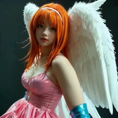 A woman with orange hair and large white wings is posing, of an beautiful Angel girl, Angel girl, beautiful Angel, of beautiful Angel, beautiful cyborg Angel girl, beautiful female Angel, wearing Angel, girl with Angel wings, beautiful Angel girl portrait,...