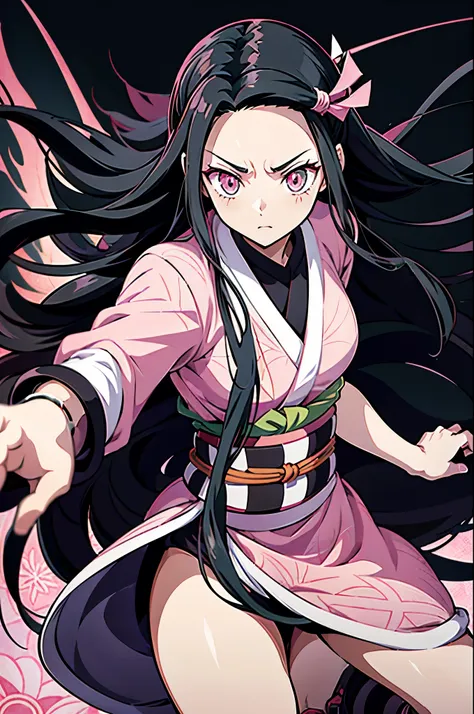 Anime,Nezuko Kamado,Demon Slayers series,Anime series , wide four head,pink pupils,pink kimono with green and black belt, long black hairs, mature body, mature women, demon form, fighting, for wallpaper,