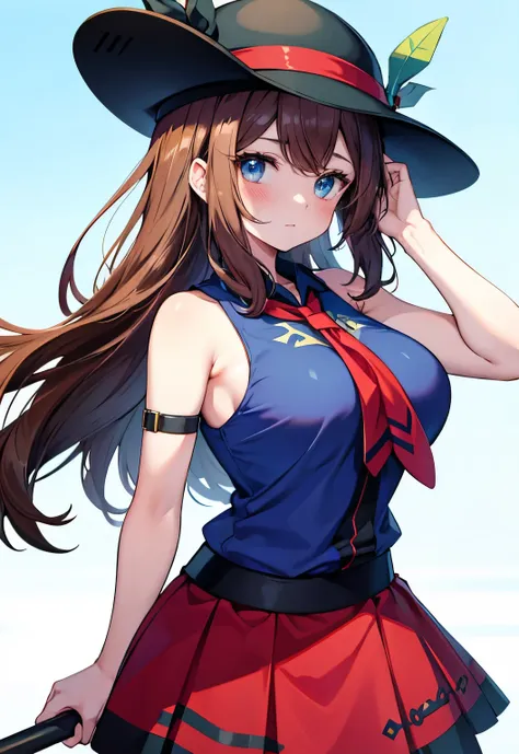 brown hair，blue eyes，long hair，sleeveless tops，red skirt，black bracers，blue shirt，hat，blush，large breasts，azure（pokémon）