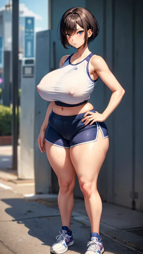 woman，short hair，Iris，Sports shorts，Long legs，Protruding nipples，20th Generation，Expose，sneakers，Huge breasts，超级Huge breasts，Thick thighs、Big Hips、Are standing、Sweaty