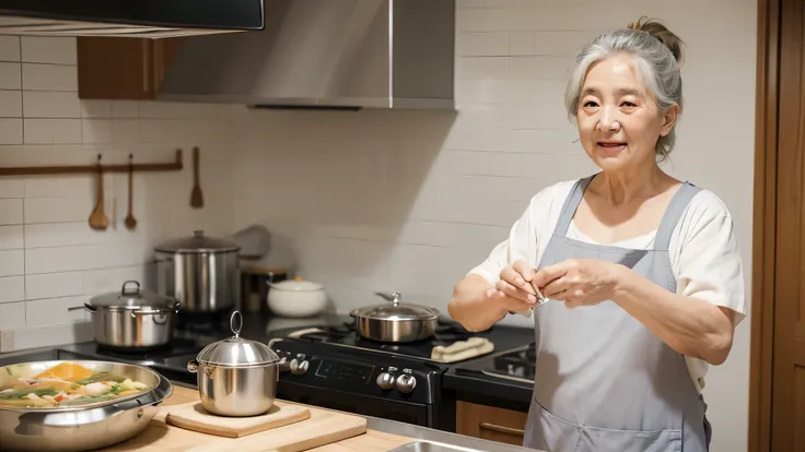 (best quality), (masterpiece), On a summer day with a cool breeze,
A cozy kitchen,
The gray-haired, wrinkled-faced grandmother is cooking samgyetang. 할머니 1명