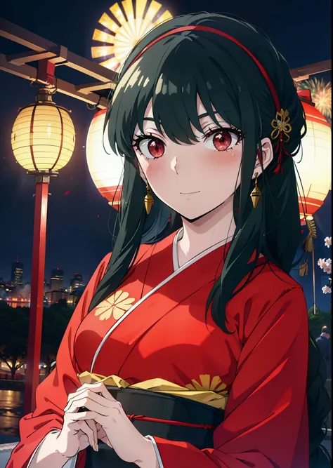 Yorbraia, Yor Briar, Black Hair, (Red eyes:1.5), Earrings, gold hair band, hair band,,smile,blush, Long Hair, Side Lock, (Mid-chest:1.2),Flower Hair Ornaments,black kimono,The place is a fireworks display,Time is night,Japanese Festivals,Summer festival fo...