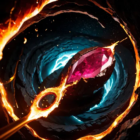 
high quality、high resolution、A close-up of a clear ruby, Oval Cut Ruby,　（1 mana of fire flowing around.2）、Lava Stone Thrust、runes、treasure、Mana Flow、Symmetry Magical Artifact, Minimal Artifact , Expensive masterpiece, Artifact,  magic:From The Gathering、I...