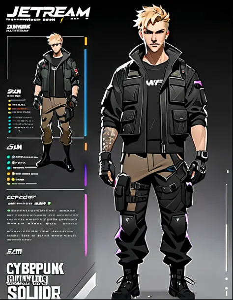 1male, blond-haired man in military uniform, cyberpunk street goon, hyper-realistic cyberpunk style, jetstream sam from metal gear, techwear look and clothes, cyberpunk streetwear, cyberpunk soldier, young blonde boy fantasy thief, soldier outfit, wearing ...