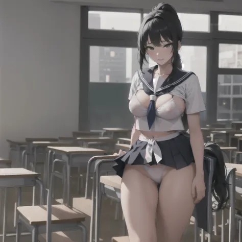 ｛｛｛｛｛One girl｝｝｝｝｝,Micro bikini, student council president, ponytail, black hair,One person,older sister,Sailor suit,alone,classroom,girl 17 years old,super happy highly detailed face,sexy,he is tall,super big ,(p cup),sexy