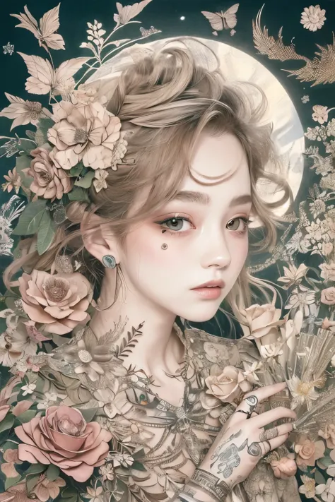 ((((masterpiece))), tattoo、Highest quality, An illustration, Beautiful details shine,
paper_cut, The details of a fragile girl&#39;s face captured on camera, wood, moon, butterfly,Wind,flower、star