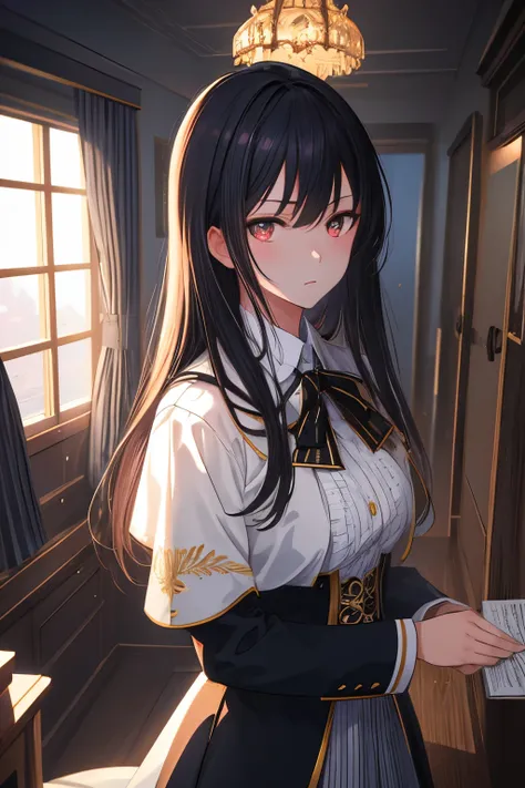 ((masterpiece)), (best quality), (ultra-detailed), 1girl wearing blazer, solo, Japanese high school girl, 17 years old, slender build, 160cm tall, long straight black hair to waist, black almond-shaped eyes with slight upward tilt, serious expression, sunl...