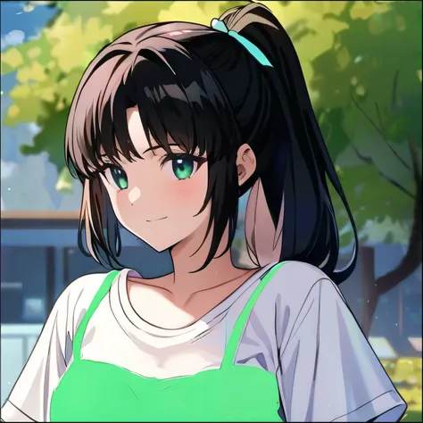 ((masterpiece)), ((Highest quality)), ((High resolution)), ((1girl)), alone, ((Cute woman)), ((A beautiful 20-year-old young woman)), ((She has a baby face and looks like a high school girl.)), (Beautifully detailed face), (ponytail), Green ribbon, ((Black...