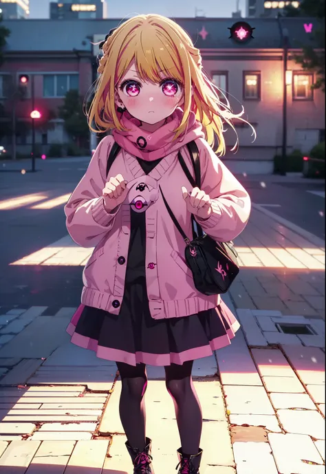 rubyhoshino, Ruby Hoshino, Long Hair, bangs, blonde, (Pink Eyes:1.3), (Symbol-shaped pupil:1.5), Multicolored Hair, Two-tone hair, Earmuffs,Knthatted hat,Purple scarf,V-neck sweater,Long skirt,Black Pantyhose,short boots,Standing leaning against a wall,Sno...