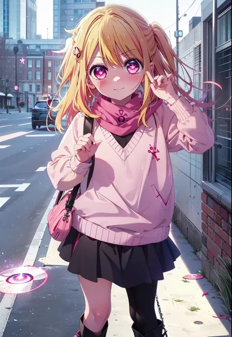 rubyhoshino, Ruby Hoshino, Long Hair, bangs, blonde, (Pink Eyes:1.3), (Symbol-shaped pupil:1.5), Multicolored Hair, Two-tone hair,smile,Purple scarf,V-neck sweater,Long skirt,Black Pantyhose,short boots,Standing leaning against a wall,Snow is piling up,tha...