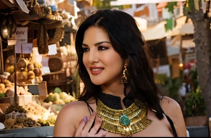 black hair, long hair, beautiful woman smiling, wearing saree, sunny leone, 5unny, cleavage, background a lively bustling bazaar...