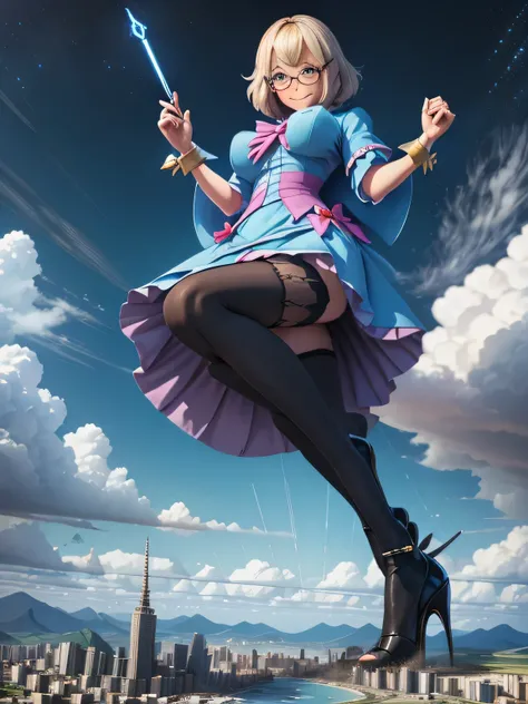 multiple girls, giantess art, highly detailed giantess shots, giantess, most detailed, perfect face, Two legs, Five fingers, short hair, A beautiful girl who is bigger than a skyscraper, Wearing rimless glasses, smile, huge breasts, blue base magical girl ...