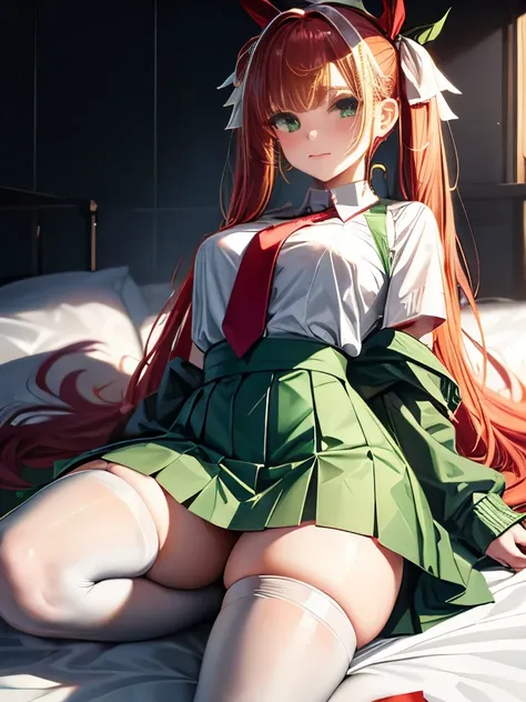 masterpiece, White shirt, Green Skirt ,Red tie, Red hair ribbon, White Stockings, 8k, Rin, Green Hair