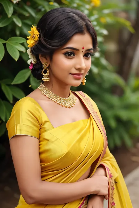 Perfect women of age group 30 with Indian traditional dress say yellow saree beautiful tie hair style with flowers on hair .so and so 