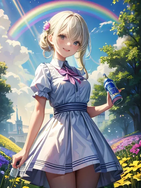 masterpiece, A girl standing with a bright smile, Ultra high definition, Holding a bottle of magic paint. Surrounded by magical and colorful surroundings, With colorful flowers, Vivid trees々Or a rainbow-filled sky. 8k resolution