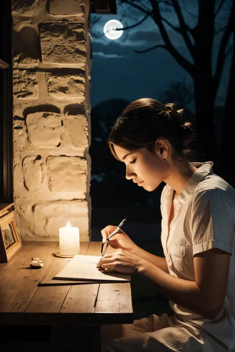 Poet writing a poem in the moonlight 