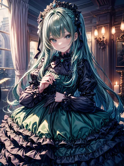 whole body, 8k resolution, Delicate features, , single, Unique pupils, smile, Emerald green, Princess Cut, Ribbon hair ornament, brooch, Glossy dark blue dress, Lolita Style, Gothic style, Facing the audience, Otaku Room, Female demon