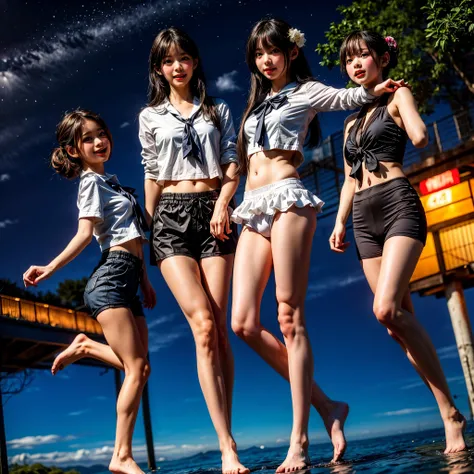  Masterpiece of ProfessionalPhoto ((ExtremelyDetailed (12 PICHIPICHI KAWAII Girls Floating in The Air in a row:1.37) in WHITE at Dusk Enoshima Beach)), {(Standing Full Body:1.2)|(from below:1.2)|Detailed KAWAII face}, Different types of hair colors, {(skin...