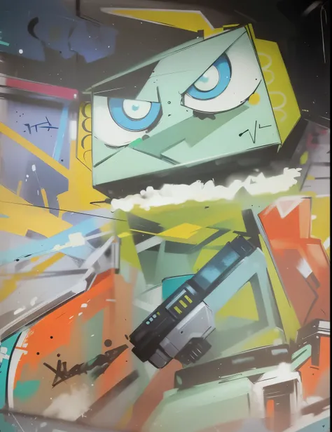 a bold graffiti of a cartoon robot, blue eyes, green face, holding guns in its hands, colorful abstract shapes and lines, chaotic, (green, orange, and yellow colors), comic style, (bold lines)