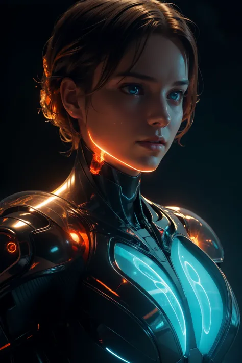 fire as part of human body, front facing, full body, front side, subsurface scattering, transparent, translucent skin, glow, bloom, Bioluminescent liquid,3d style,cyborg style,Movie Still,Leonardo Style, warm color, vibrant