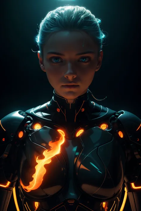 fire as part of human body, front facing, full body, front side, subsurface scattering, transparent, translucent skin, glow, bloom, Bioluminescent liquid,3d style,cyborg style,Movie Still,Leonardo Style, warm color, vibrant