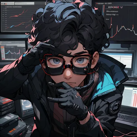 Kpop Boys,He is in his late 30s,In the computer room,Black leather gloves,Face masks,Looking at trade charts,Wearing a cool suit jacket,Wearing a headset,Black messy curly hair、Background shows multiple trading monitors,far and near method, 3D Rendering, H...