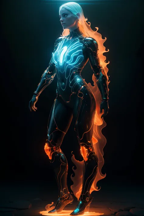 fire as part of human body, front facing, full body, front side, subsurface scattering, transparent, translucent skin, glow, bloom, Bioluminescent liquid,3d style,cyborg style,Movie Still,Leonardo Style, warm color, vibrant