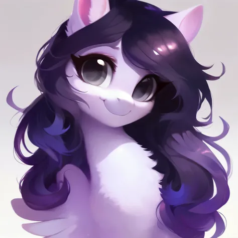 rating_safe, score_9, fluffy, feral pegasus pony, female,round cute face， Light purple body, black-purple mane, disheveled hair, soft and delicate long hair, clear grey eyes, grey eyes, smiling. dynamic。young and beautiful
