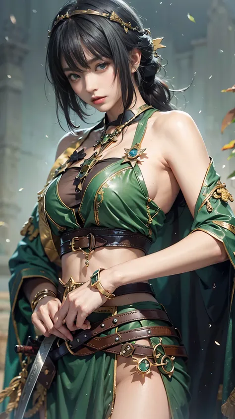 Extremely realistic and detailed image quality、Medieval Europe、A beautiful priestess wearing a green mitre with a cross design、Tiny green halter swimsuit、Bust 40 inches、ＭCup Bust、Super big breasts、Toned Abs、Nipples are visible through the、You can see throu...