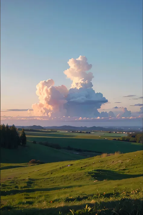 a sky of sparse clouds and afterglow like monet&#39;s、grassland and an old-fashioned building in the distance　half-naked blushin...