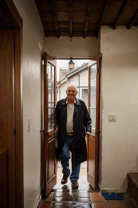 an old man is standing in his house on first floor, looking out side the window, there is a rain in the street, some peoples are walking holding umbrellas, he is smiling looking them 