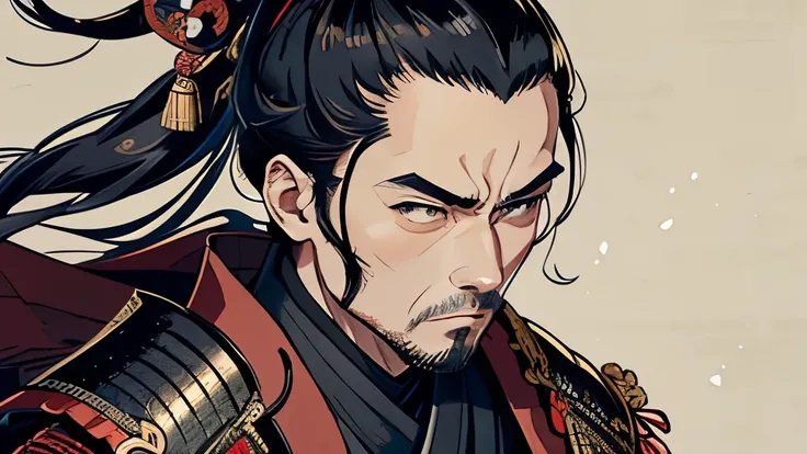 Wearing intricately designed traditional samurai armor、Famous people in Japanese history、Detailed images of Toyotomi Hideyoshi、He tied his topknot.、He has a stern look.、Has an intimidating presence。The background is a traditional Japanese castle、There are ...