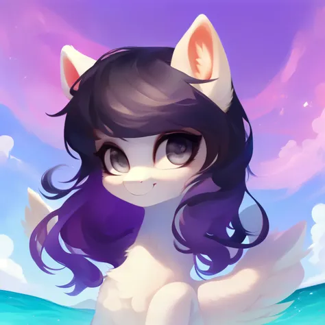 rating_safe, score_9, fluffy, feral pegasus pony, female,round cute face， purple body, black-purple mane, disheveled hair, soft and delicate long hair, clear grey eyes, grey eyes, smiling. dynamic。young and beautiful。in White shore  sea
