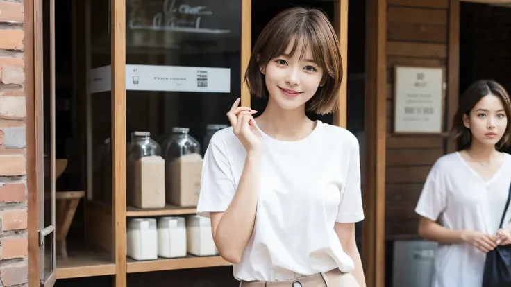 super high quality, smile, Slenderのネックレス, Slender, The staff is working at the counter in the back., (8k、RAW Photos、Highest quality、masterpiece:1.2), Stylish café, (Realistic、Photorealistic:1.37), Beautiful Face , Urban Cafe, Golden Ratio, Raw photo, Light...