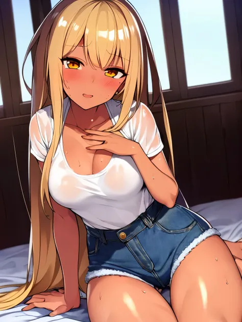 2d, Superb, (Masterpiece), (Full length), (Shiny amber hair:1.6),  (Straight Long Hair:1.6),(fluffy hair:1.3),  (Brown beautiful girl), (Healthy dark skin), (Sunburn mark), clavicle, (Denim hot pants:1.3), (White short sleeve see-through top), White camiso...