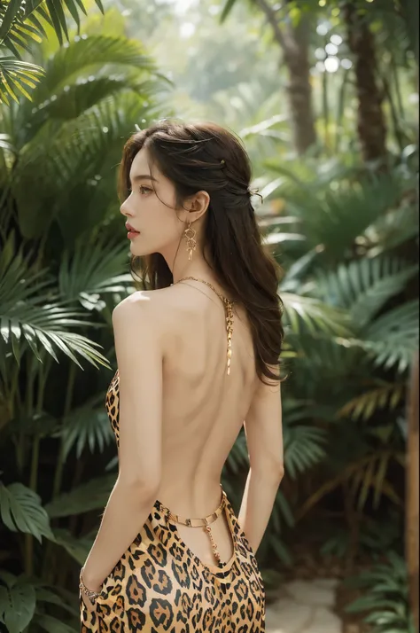 (((best quality))),(((ultra detailed))),(((masterpiece))),illustration,((1 beautiful girl,solo)),(shoulder length messy hair:1.2),((Beast bone earrings and necklace)),((slim,thin)),(((bare back,towering hips,butt crack))),fair complexion,(leopard print pan...