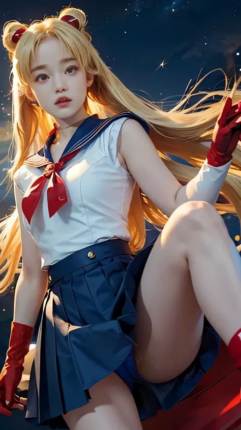 masterpiece、high quality、High resolution、Realistic、professional lighting、Japanese、woman、young、White skin、slender、Sailor Moon, Usagi Tsukino, Sailor Warrior Uniforms, Red choker,Blue Collar, Red ribbon on chest,White gloves,red ribbon on waist, (((Very shor...