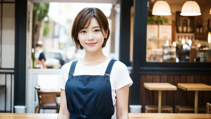 super high quality, Fashion Model, smile, Slenderのネックレス, Slender, The staff is working at the counter in the back., (8k、RAW Photos、Highest quality、masterpiece:1.2), Japanese Idol, Stylish café, (Realistic、Photorealistic:1.37), Beautiful Face , Mesh Hair, U...