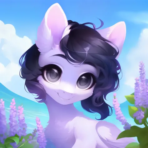 rating_safe, score_9, fluffy, feral pegasus pony, female,round cute face， Lavender purple body, black-purple mane, disheveled hair, soft and delicate long hair, clear grey eyes, grey eyes, smiling. dynamic。young and beautiful。in White shore flower sea。allb...